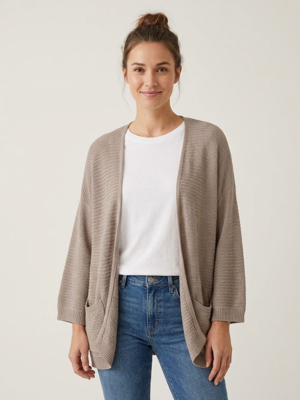 Aritzia Group Babaton Sz L Tan Cotton Open Knit Relaxed Open Front Cardigan